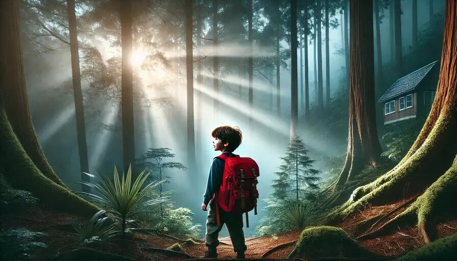 The Great Adventure of Oliver the Brave 1 - Stories For Kids Oliver stepping into the Misty Woods for his great adventure, with a red backpack and a magical forest ahead representing stories for kid