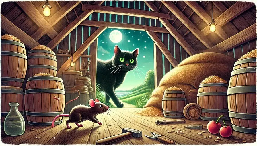 The Brave Little Mouse: A Magical Adventure 1 - Stories For Kids Illustration of the brave little mouse Max distracting a large black cat in a barn at night, with moonlight streaming through and a sack of grain in the background representing stories for kids website