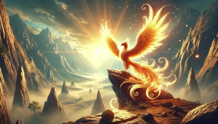 The Great Adventure of Oliver the Brave 2 - Stories For Kids A majestic phoenix with golden feathers perched on a rocky ledge, glowing in sunlight with a mystical valley in the background representing stories for kid