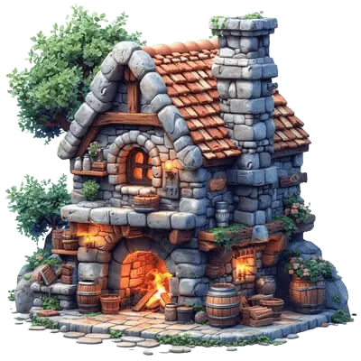 Charming fantasy stone house with a cozy fireplace, surrounded by greenery and barrels, evoking a magical and adventurous atmosphere representing stories for kids.