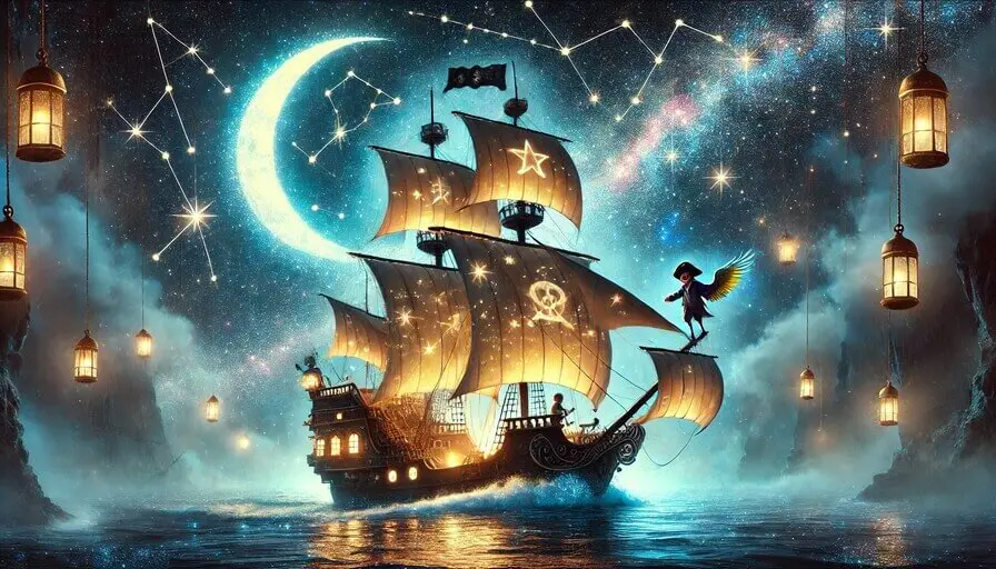 The Pirate and the Lost Treasure of the Moon 1 - Stories For Kids A magical pirate ship sailing through a starry sky, with a glowing crescent moon and constellations in the background. A boy pirate stands confidently at the helm, with a parrot on his shoulder representing stories for kids.