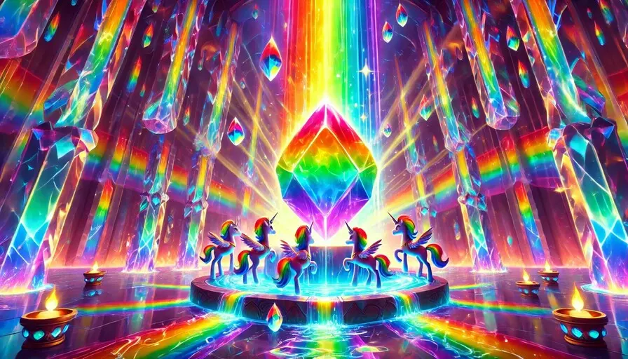 The Rainbow Pirates: A Journey Across the Magical Seas 2 - Stories For Kids The Rainbow Pirates in the crystal chamber of the Prism Isles, surrounded by cascading liquid rainbows and the radiant Rainbow Gem glowing on a pedestal.