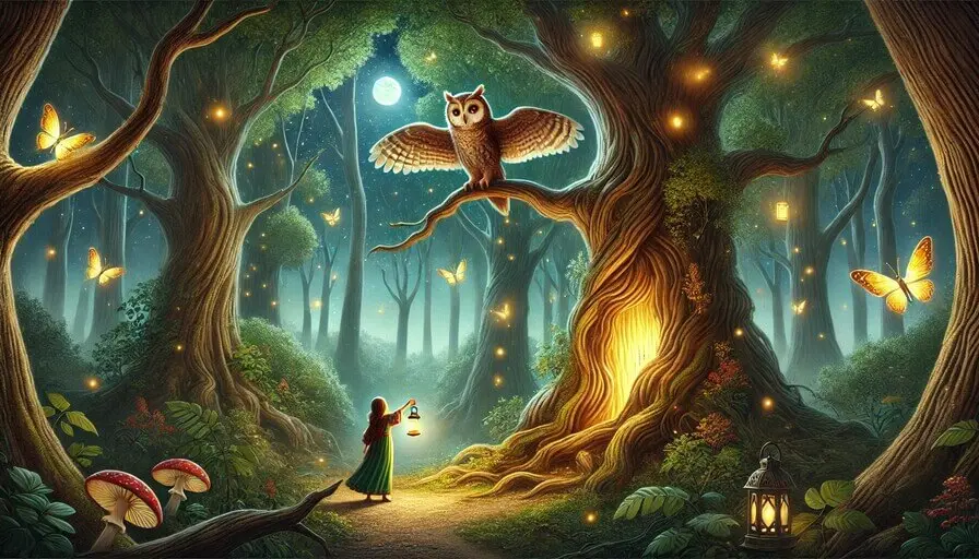 Magical landscape of The Whispering Forest with glowing trees, a golden owl, and a girl holding a lantern representing stories for kid