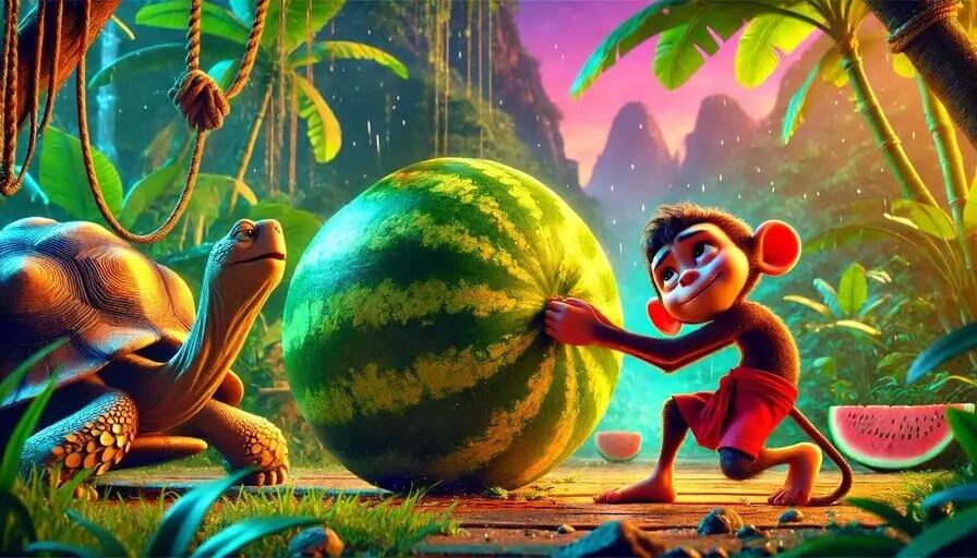 The Monkey and the Watermelon - A determined monkey struggles to pull a giant watermelon in a lush jungle, his feet sliding on the ground. A wise old turtle watches from the side with a knowing smile, anticipating the disaster about to unfold. The detailed 3D animation-style illustration captures the humor and tension of the moment.