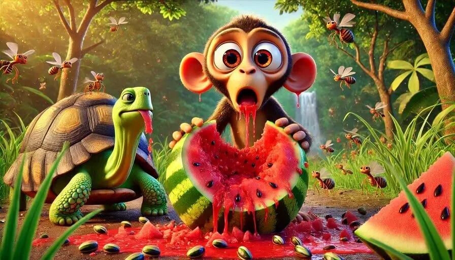 The Monkey and the Watermelon - A mischievous monkey, covered in watermelon juice and seeds, looks shocked in a lush jungle clearing. A wise old turtle calmly eats a slice of watermelon while the remains of an exploded watermelon lie scattered on the ground. The scene is colorful and whimsical, with rich textures and vibrant lighting in a 3D Pixar/DreamWorks style.